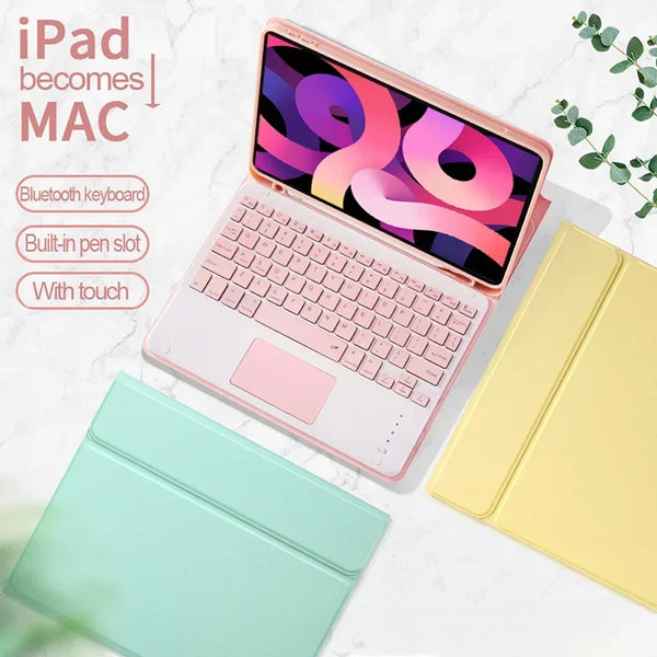 A pink iPad is shown with a universal keyboard case and a yellow protective cover on a white marble surface.