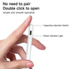 A hand is holding a white precision stylus pen, demonstrating a double-click to open feature.