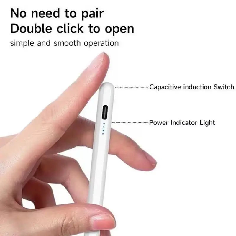 A hand is holding a white precision stylus pen, demonstrating a double-click to open feature.