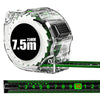 A clear plastic self-locking fluorescent steel tape measure with a 7.5m marking and a green scale visible.