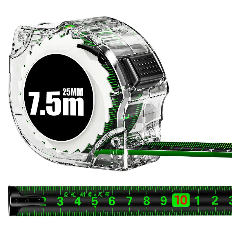 A clear plastic self-locking fluorescent steel tape measure with a 7.5m marking and a green scale visible.