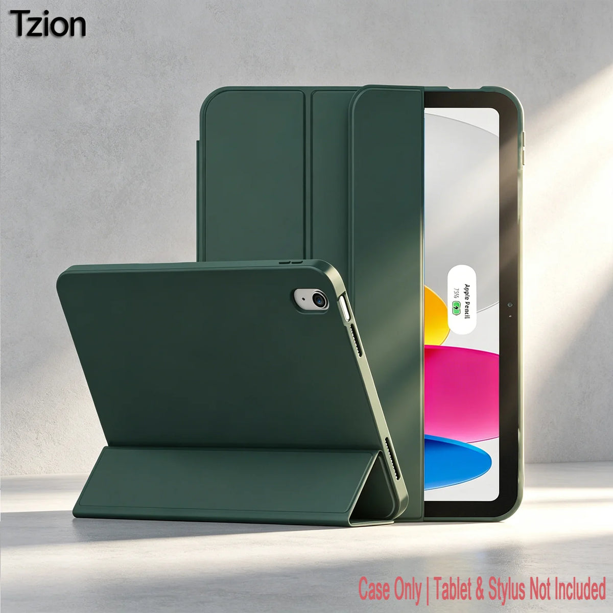 A dark green trifold smart cover for an iPad is shown alongside the tablet and stylus.