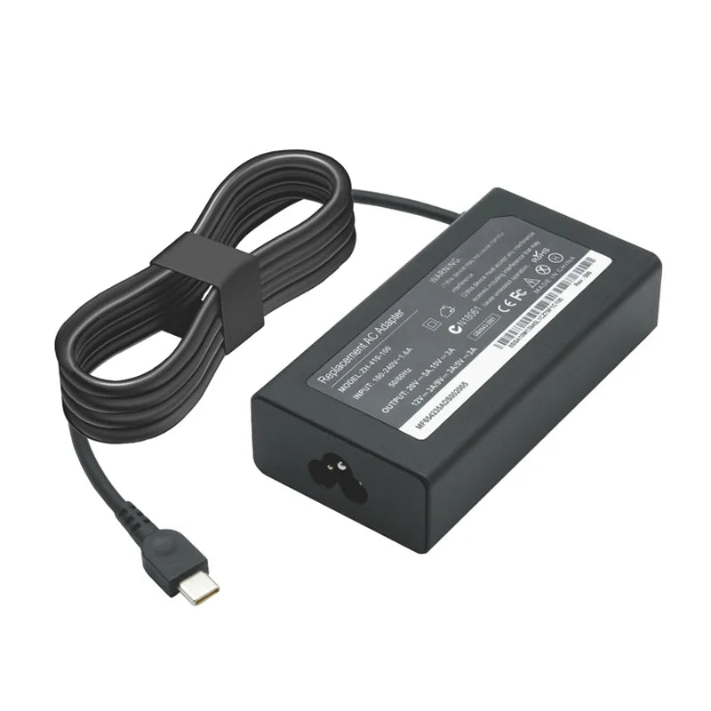 Black replacement AC adapter for a laptop, featuring a USB-C output port and power cord.