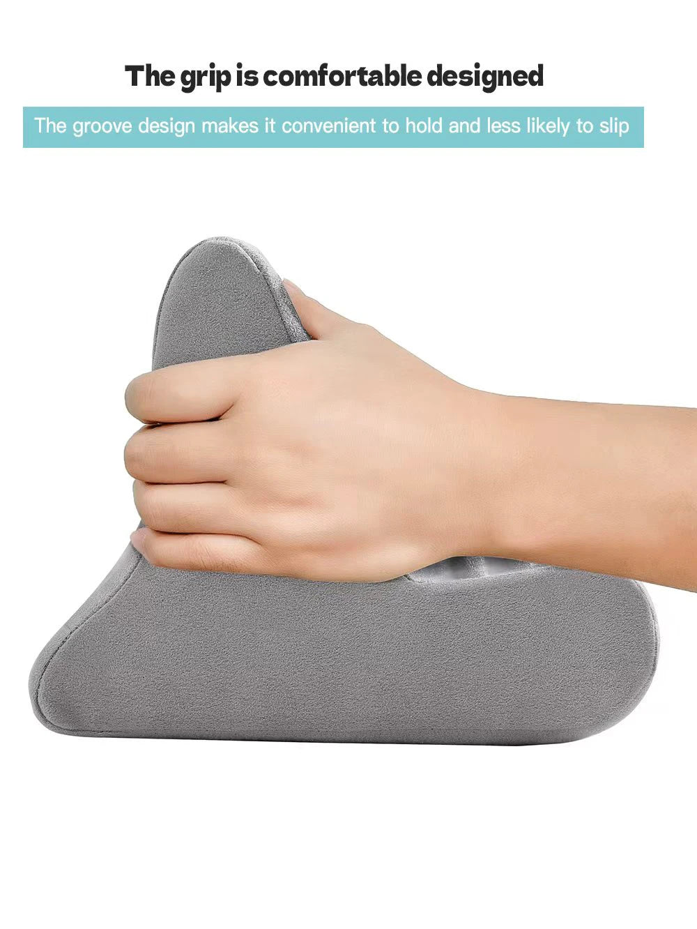 A hand is holding a gray, ergonomic grip designed for a multi-angle adjustable tablet and phone holder.
