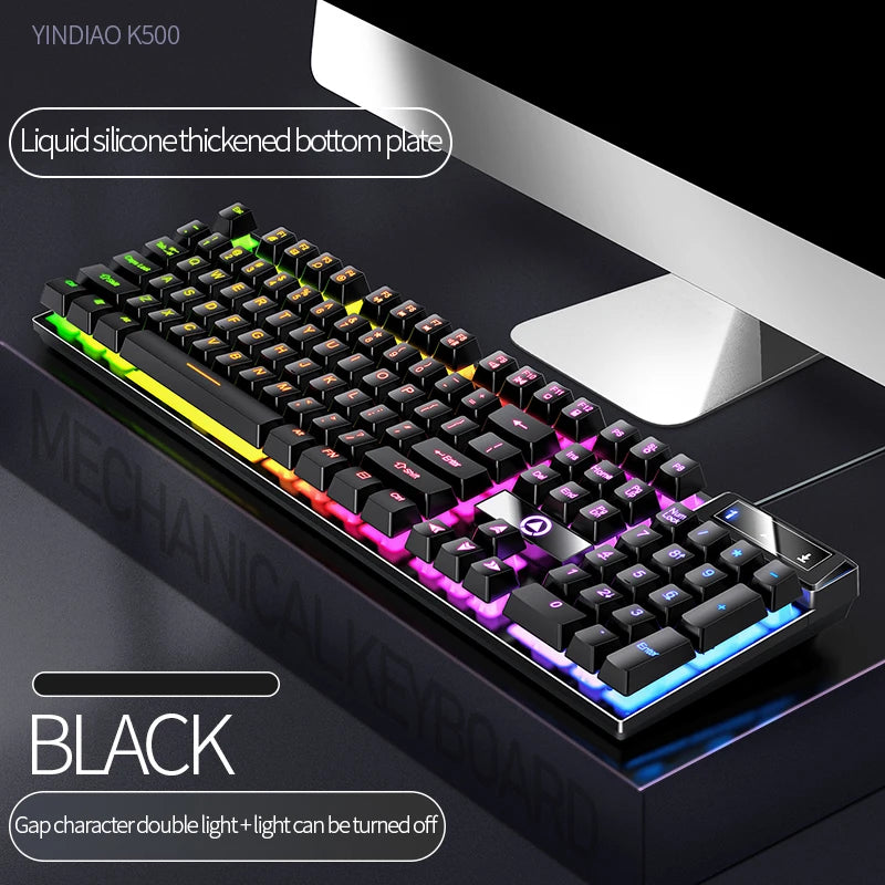 A close-up view of a black mechanical keyboard with colorful LED lighting and a liquid silicone thickened bottom plate.