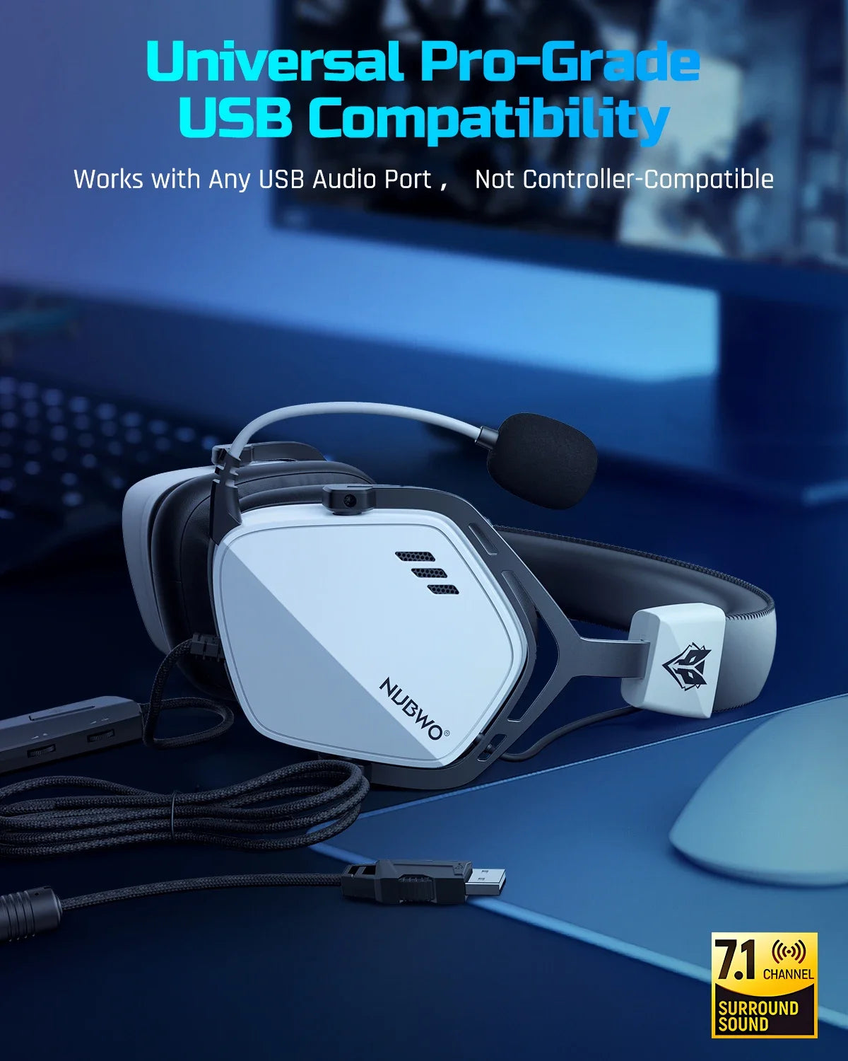 A white Nubwo USB headset is shown on a dark blue surface next to a mouse and cable.