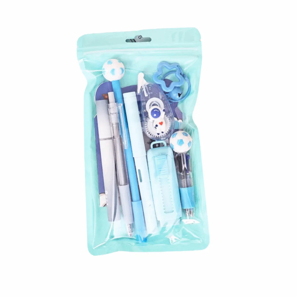 A light blue plastic pouch containing a 6-in-1 cartoon school stationery kit with various writing and drawing tools.