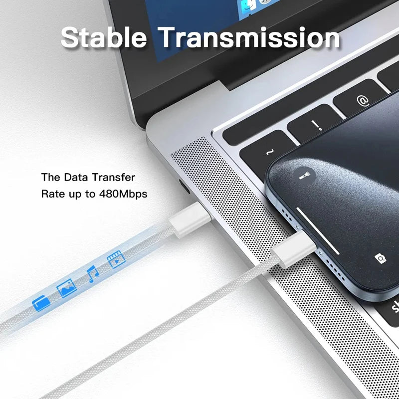 Geflochtenes USB-C-Kabel verbindet Smartphone und Laptop, betont stabile Datenübertragung.