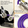 A close-up view of a silver fast charging cable with rotating connectors and purple silicone wire, shown next to a laptop.