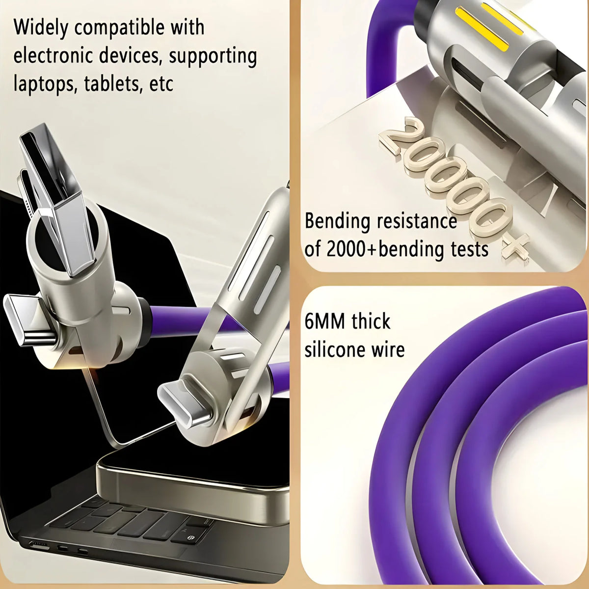 A close-up view of a silver fast charging cable with rotating connectors and purple silicone wire, shown next to a laptop.