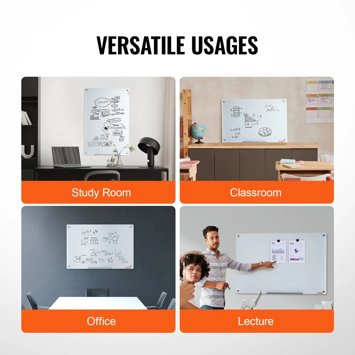 Versatile usages of a magnetic tempered glass whiteboard in various settings like study rooms, classrooms, offices, and lectu