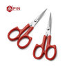 Pair of red and silver stainless steel embroidery scissors shown against a white background.