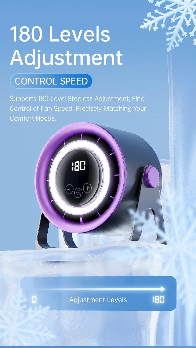 A close-up of a portable desk fan with an ambient light feature showing 180 adjustment levels.