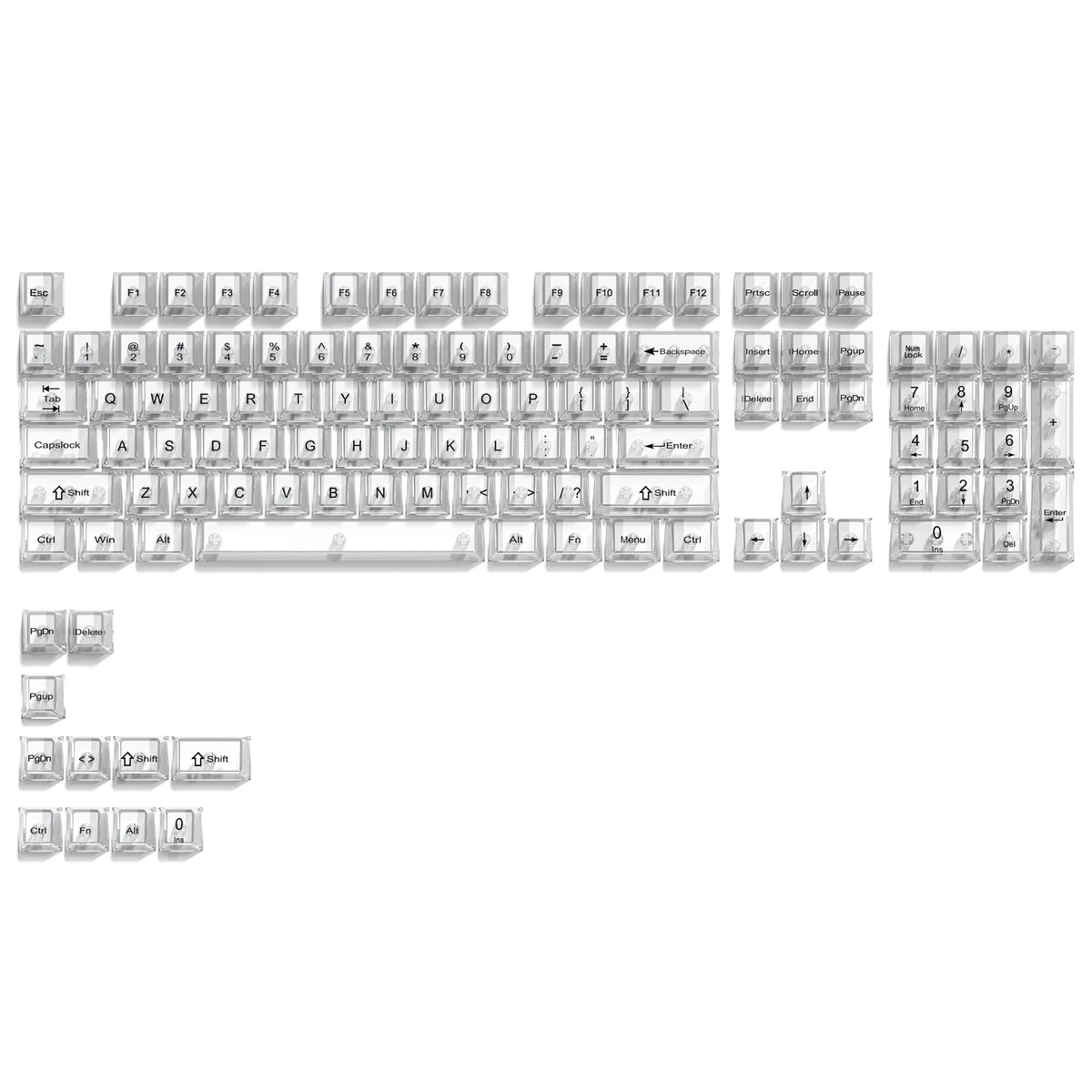 A full layout of crystal clear RGB keycaps for a mechanical keyboard, showing various letter and function keys.
