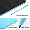 A blue interactive LCD writing tablet with a snap-on pen holder and a sleek pen tip.
