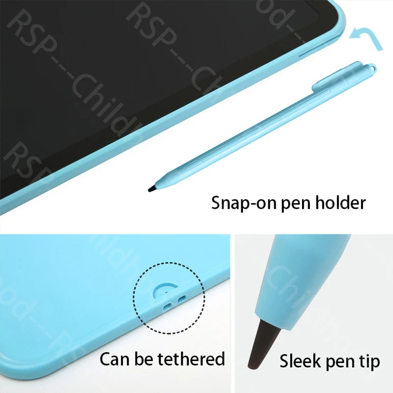A blue interactive LCD writing tablet with a snap-on pen holder and a sleek pen tip.
