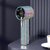 A sparkling diamond portable handheld fan with an LED display, featuring a textured, iridescent finish.