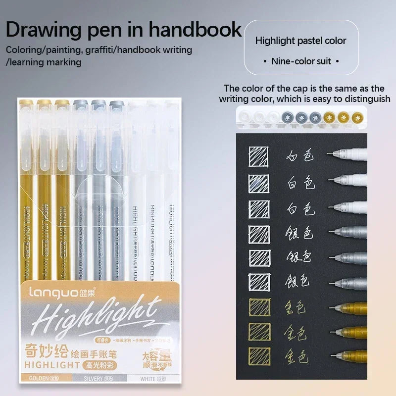 A set of Languo Highlight drawing pens in various colors including gold, silver, and white.