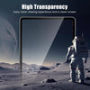 A transparent screen protector is shown on an iPad, displaying a snowy, desolate landscape with a figure in a white spacesuit