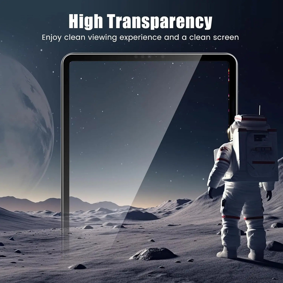 A transparent screen protector is shown on an iPad, displaying a snowy, desolate landscape with a figure in a white spacesuit