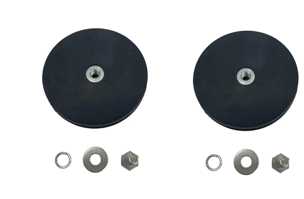Black magnetic base mount bracket for LED lights with various mounting hardware components
