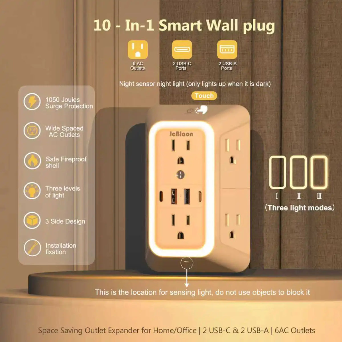 A beige smart wall plug featuring multiple outlets and ports for power distribution.