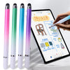 A hand writes on a tablet screen using a precision 2-in-1 stylus pen alongside several colored pens.
