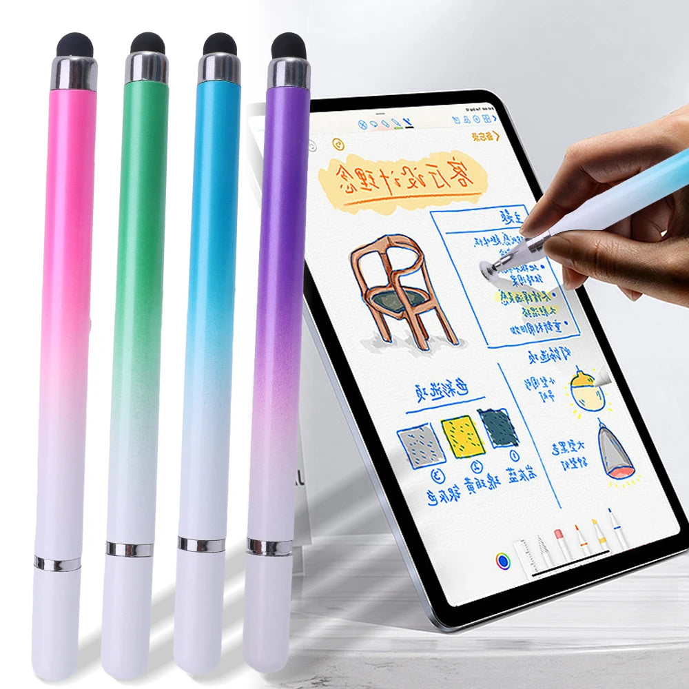 A hand writes on a tablet screen using a precision 2-in-1 stylus pen alongside several colored pens.