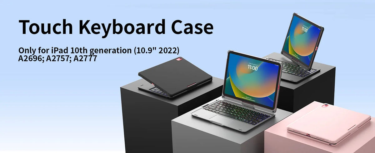 Schwarzer Touch-Keyboard-Case für ein iPad 10. Generation, neben einem Laptop und einem rosa Tablet.