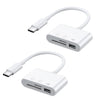 White USB-C 3-in-1 adapter with SD/TF card reader featuring two separate connectors.
