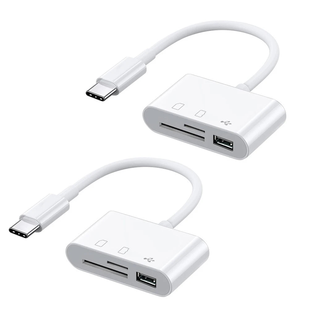 White USB-C 3-in-1 adapter with SD/TF card reader featuring two separate connectors.