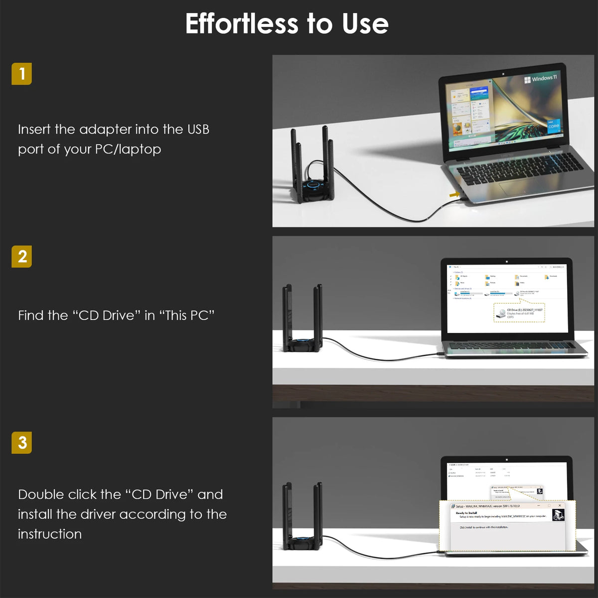 Three steps showing how to install and use a Tri-Band Wi-Fi 6E adapter for a PC/laptop.