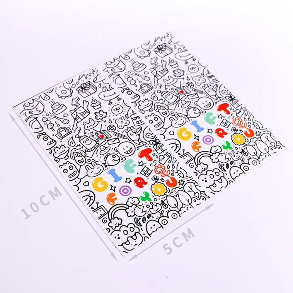A sheet of rectangular thank you gift stickers featuring various doodle-style characters and symbols.