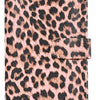A pink leopard print A6 binder with a black elastic closure.