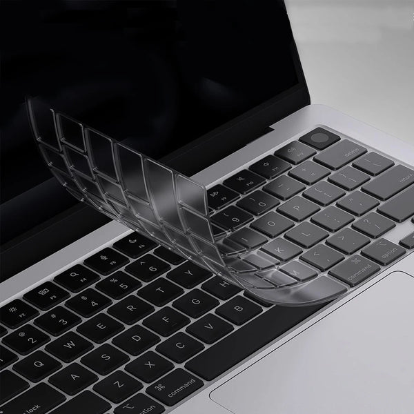 A clear TPU keyboard cover is shown resting on a black MacBook keyboard.