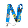 Blue lanyard featuring a cat design and text on the strap with a metal clip.