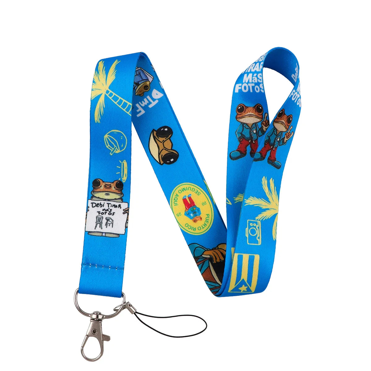 Blue lanyard featuring a cat design and text on the strap with a metal clip.