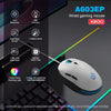 A white wired gaming mouse labeled A603EP shown with various features and a keyboard background.