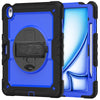 A blue heavy duty shockproof iPad case shown open, displaying the device and accessories.
