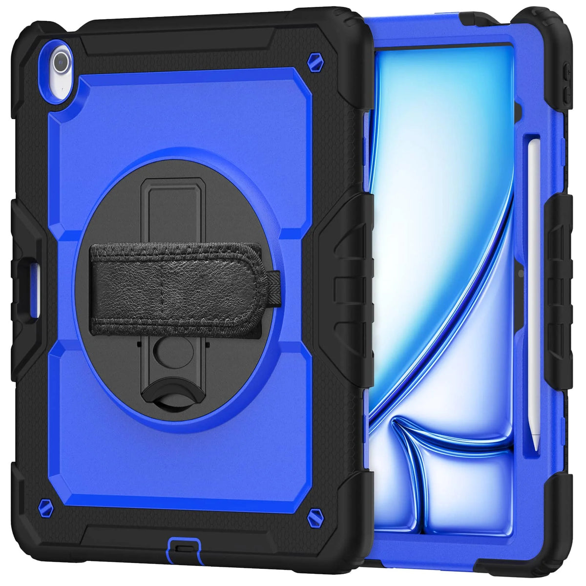 A blue heavy duty shockproof iPad case shown open, displaying the device and accessories.