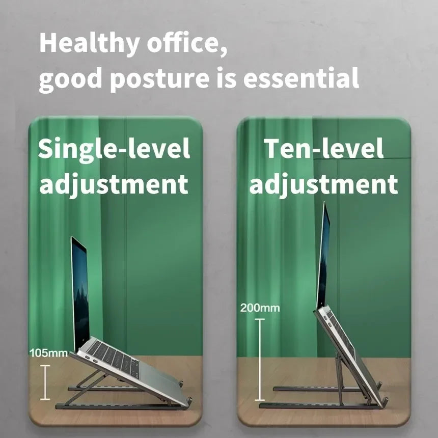 Two laptop stands demonstrating single-level and ten-level height adjustment for improved posture.