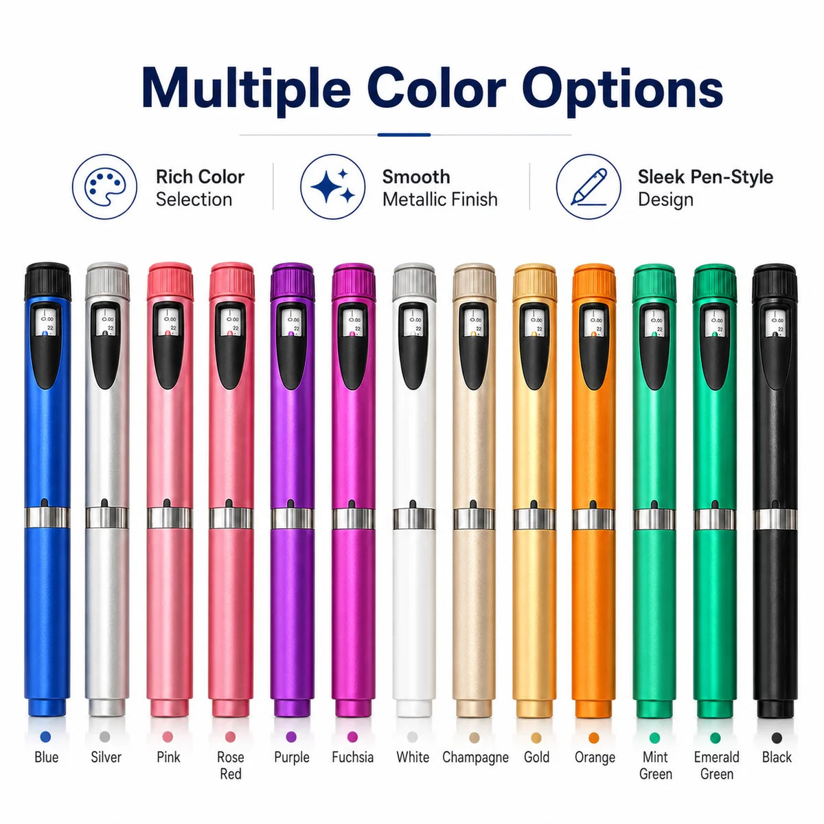 A variety of multi-color reusable peptide beauty injector pens shown in various shades including blue, silver, pink, purple, 