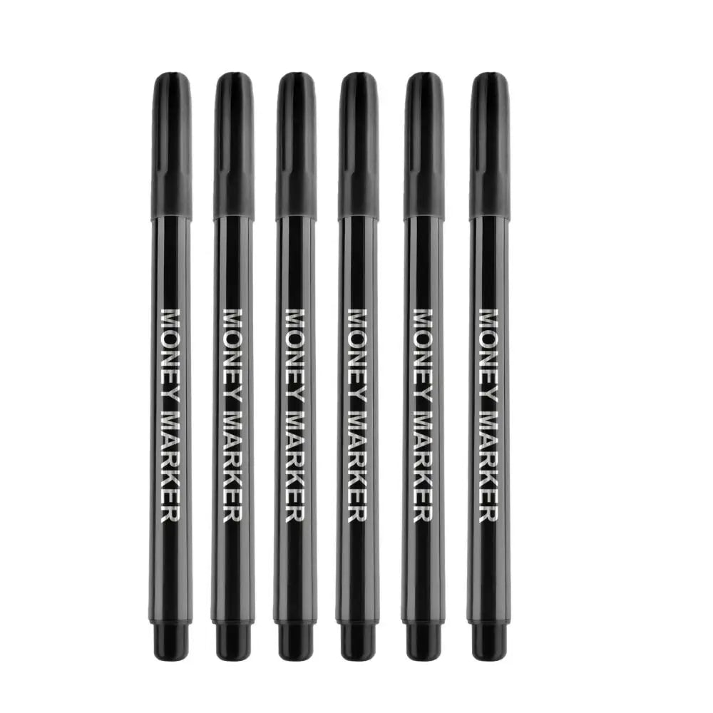 A set of black counterfeit detection pens for currency verification.