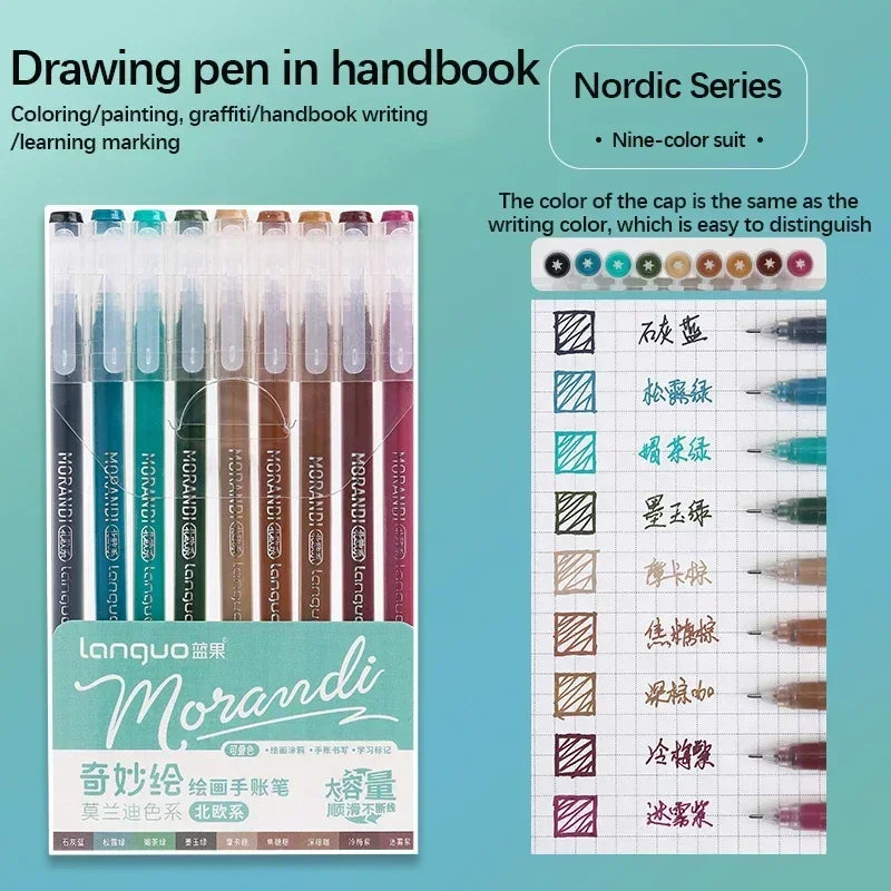 Morandi series drawing pens in a handbook featuring various colors and tips.