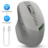 A gray wireless mouse showing connection options for 2.4G and Bluetooth connectivity.