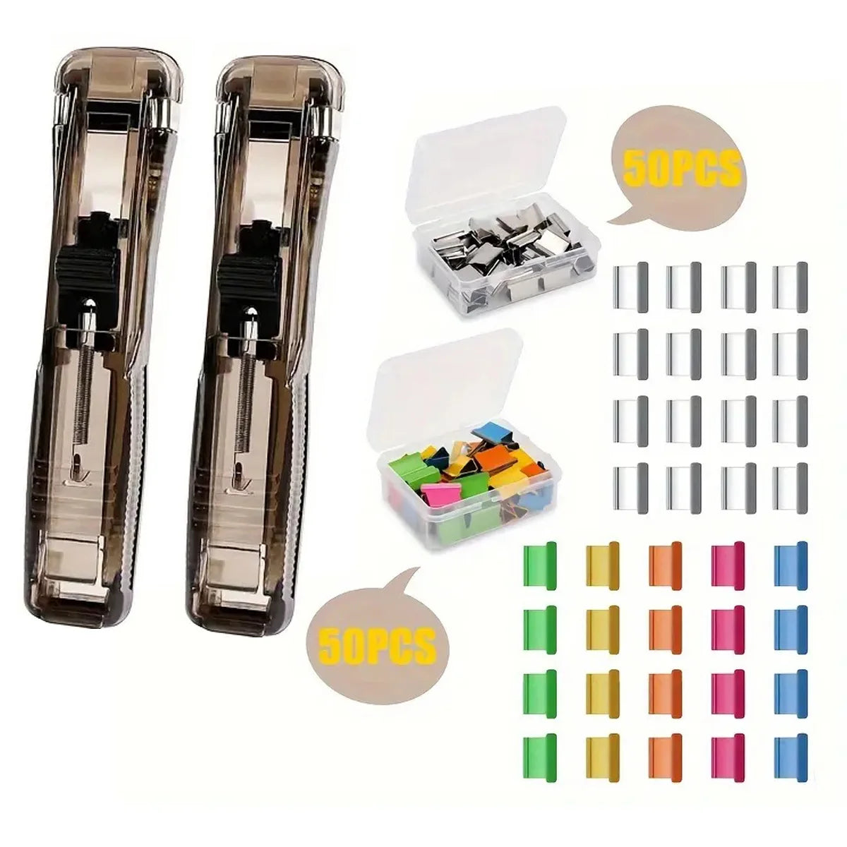 A set of professional clip pusher staplers in various colors and sizes, including individual staplers and packaged components