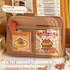 A light brown pencil case featuring a capybara design, used for storing stationery items.
