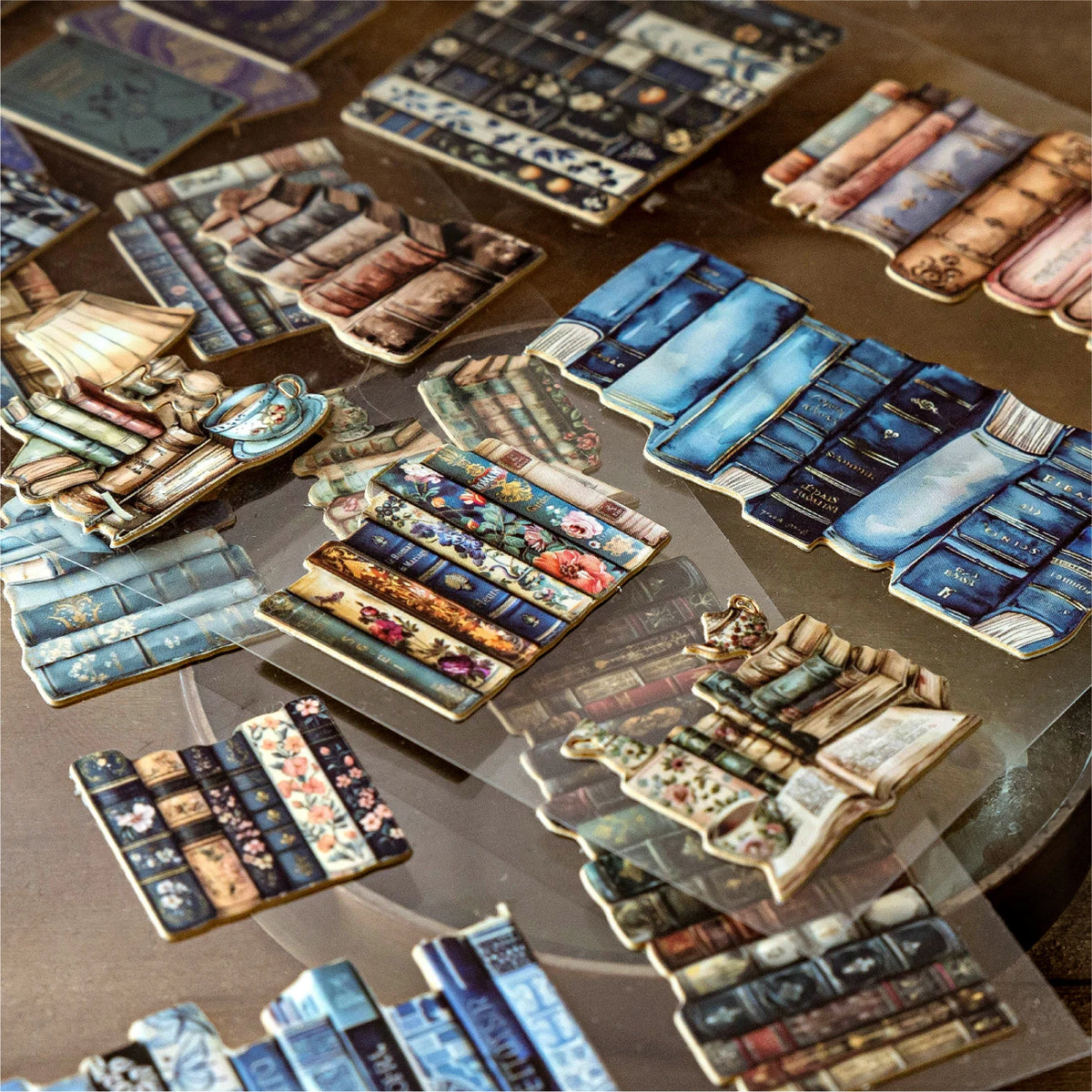 A collection of retro 3D relief book gallery stickers and vintage book elements for scrapbooking