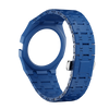 A blue ceramic watch case and strap set for a Swatch X AP Royal POP watch, shown from above.