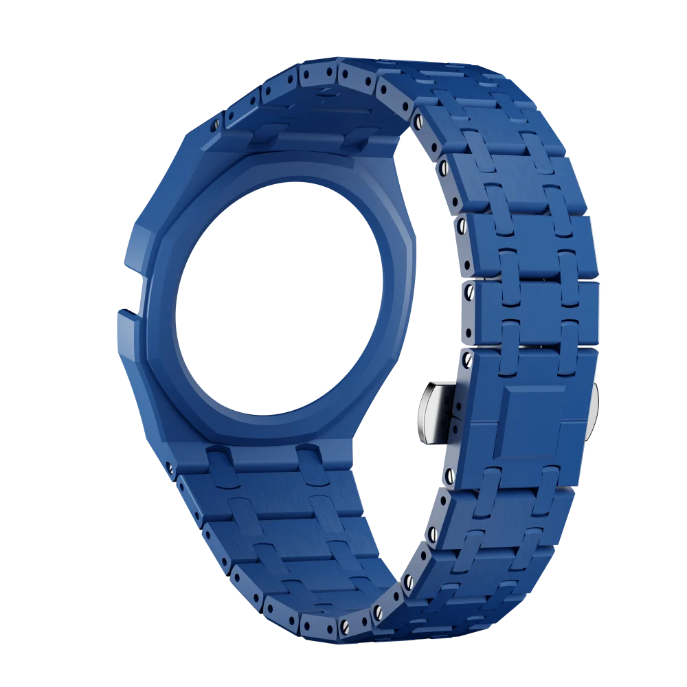 A blue ceramic watch case and strap set for a Swatch X AP Royal POP watch, shown from above.